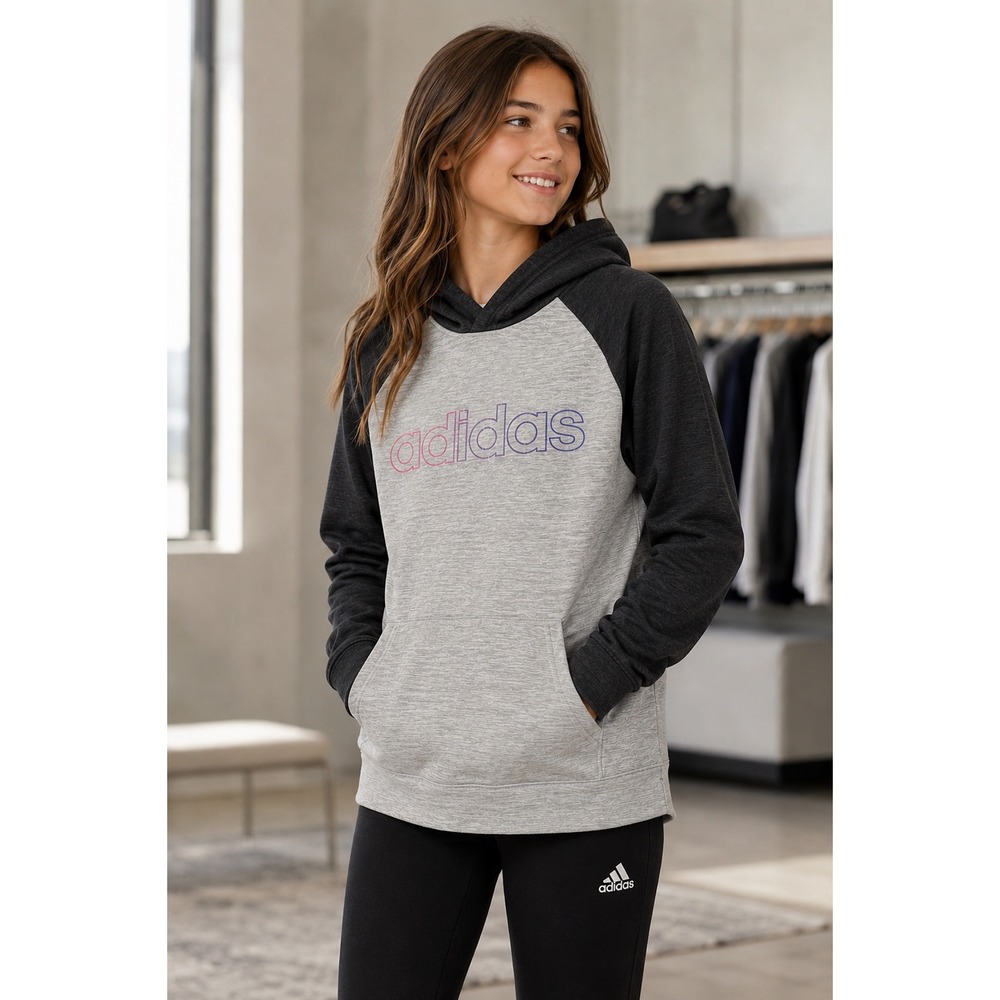 Adidas Youth XL (16) Hoodie Gray Black Pullover Logo Sweatshirt Fleece‎ Pocket